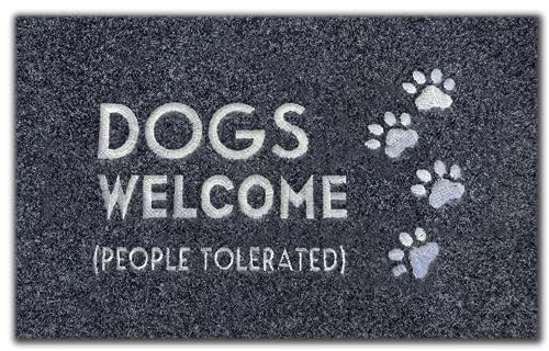 Assaoy Fußmatte mit Aufschrift Dogs Welcome People Tolerated, lustige Fußmatte, schwarz, bestickt, für den Eingangsbereich, Gummi-Teppich, für drinnen und draußen, Heimdekoration, leicht zu