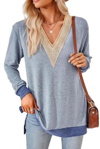 iChunhua Deep V Neck Tops for Women UK Ladies Long Sleeve T Shirts Size 14 Sky Blue L