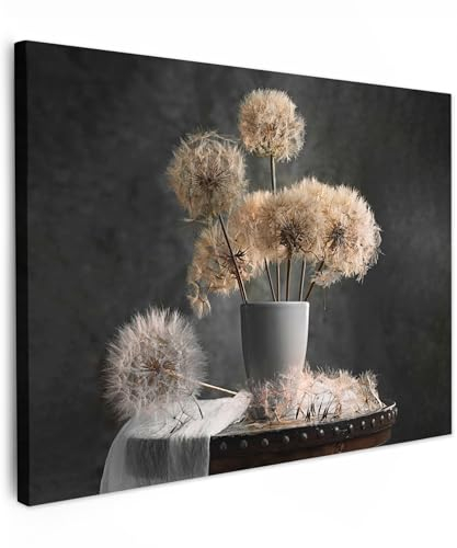 MuchoWow© Leinwand 80x60 cm Deko Schlafzimmer Aesthetic Leinwandbilder Wohnzimmer Gemälde Foto Geschenk Living Room Decoration Blumensamen - Löwenzahn - Vase - Stilleben - Blumenstrauß
