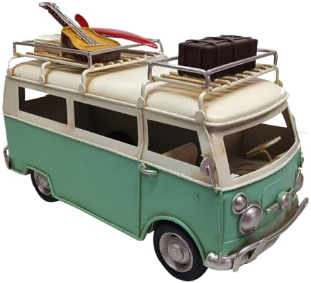 CAPRILO Figuras Decorativas de Metal Furgonetas Surferas con Guitarra Adornos y Esculturas. Coches Retro. Vehículos Coleccionables. Decoración Hogar. Regalos Originales. 25 x 12 x 16,50 cm