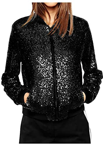 Duohropke Damen Glitzer Pailletten Jacke Hiphop Langarm Bomberjacke Fliegenjacke Bikerjacke Outwear