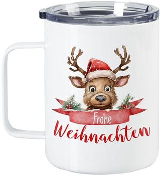 GRAZDesign Glühweinbecher mit Deckel Frohe Weihnachten, Weinachten Thermobecher Edelstahl 350ml