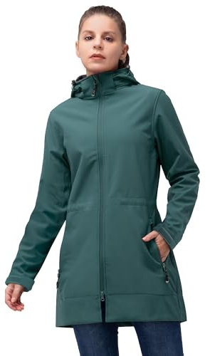 33,000ft Softshelljacke Damen Lange Übergangsjacke Wasserdicht Winddicht Softshellmantel Windbreaker Atmungsaktiv Wanderjacke Outdoor Mantel mit Abnehmbarer Kapuze, Dunkelgrün XL