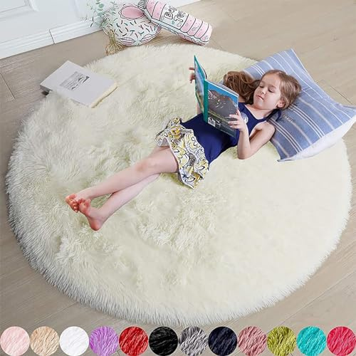 Skeiyo Teppiche Rund Shaggy Wohnzimmer, für Kinderzimmer Schlafzimmer Wohndekoration Pelziger Teppich,Cremefarben 140cm
