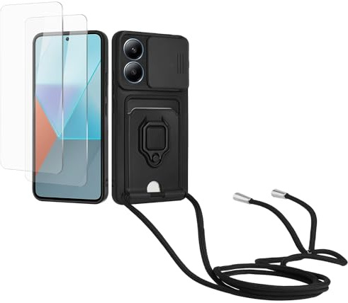 Kaslly Cordon de Coque Compatible avec Redmi Note 13 4G+[2 Pièces Verre Trempé],Couvercle Coulissant de la Caméra+Support Annulaire à 360 Degrés,Fentes pour Cartes Silicone Case-Noir