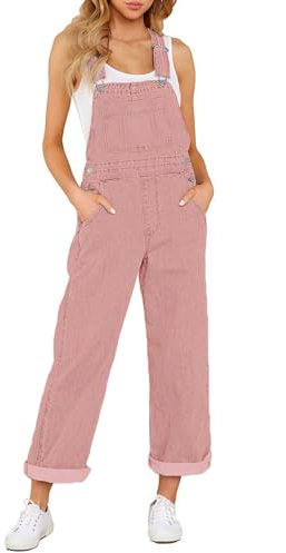 Minetom Salopette Donna Salopette di Jeans Casuale Tuta Estiva Pantaloni con Tasca Pantaloni da Lavoro Gamba Larga Baggy Jeans Y2K Comfy Jumpsuit E Rosa L
