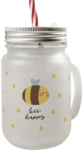 speecheese Bee happy Mason Jar Henkel Trinkglas mit Deckel mit dicker Biene ein buntes Glas für dein Lieblingsgetränk Biene Motiv Frauen Glück Geburtstag Glückliches Küche fröhliches