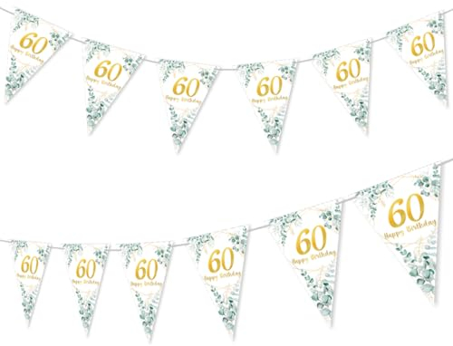 60. Geburtstag Deko Grün Gold - Wimpelkette Girlande für Frauen und Männer - Happy Birthday Dekoration in Grün, Gold, Weiß