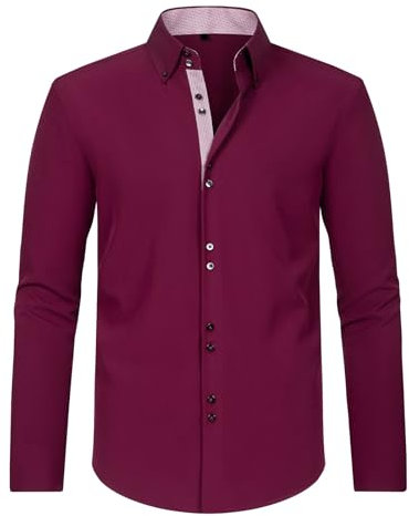 SYDUZAX Men's Dress Shirts Long Sleeve Casual Smart Button Shirt Non Iron Turn Down Collar Double Breasted Business Shirts Regular Fit Stretch Wedding Work Office Oxford Formal Shirt Blouse Wine