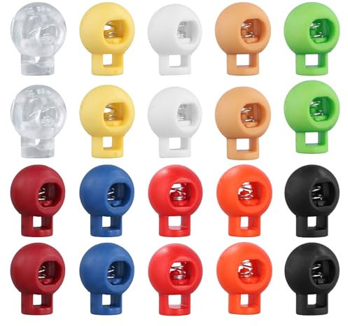 20 Pcs Bouchon de Cordon, 1 Trou, Arret de Cordon Couleur, Cordon de Verrouillage à Ressort, Bouchon à Bascule Ronde, Verrou de Cordon Ressort, pour les Cordons de Ø 5mm, pour Sac à Dos, lacets