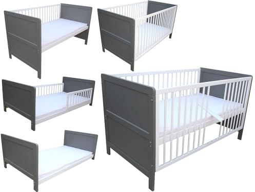Micoland Kinderbett Juniorbett Beistellbett 140x70 cm 3in1 mit Matratze grau-weiß