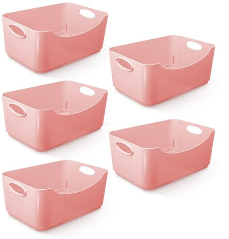 KEPLIN Plastic Studio Basket - Container Boxes for Storage Organising in Home or Office - Suitable for Shelfs Drawers Laundry Cupboard (Pink, 5 Pack)