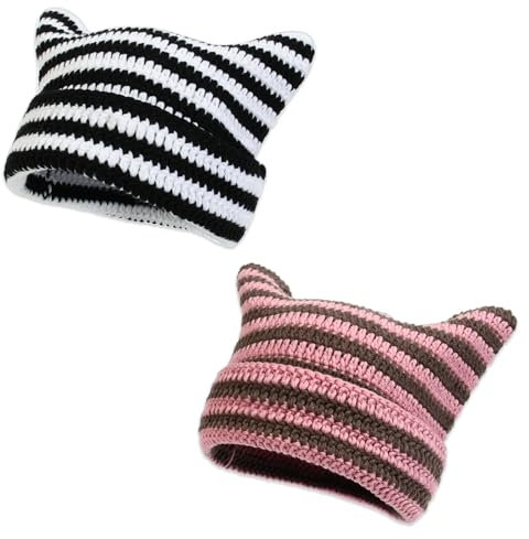 BDSHUNBF 2 Stück Slouchy Beanie Damen, Y2k Wintermützen mit Katzenohren, Strickmützen für Damen, Warme Elastisches Winterhüte für Damen, Schwarz und Rosa