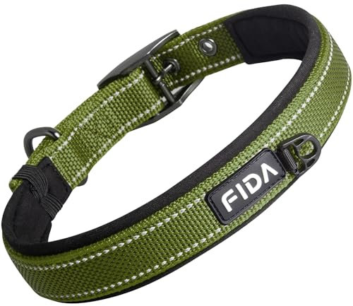Fida Padded Dog Collar, Metal Belt Buckle Dog Collar with Double-Layer Webbing, Heavy Duty Collar for Large Dogs, Green