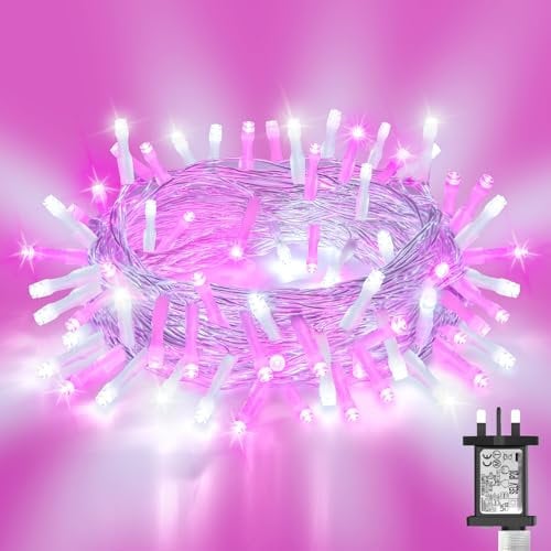 Dalugo Pink Christmas Fairy Lights, 20M 200 LED Christmas Tree Lights with Timer,Memory Function,8 Modes,Waterproof White Pink String Lights Mains Powered for Indoor Outdoor Xmas Tree Decorations