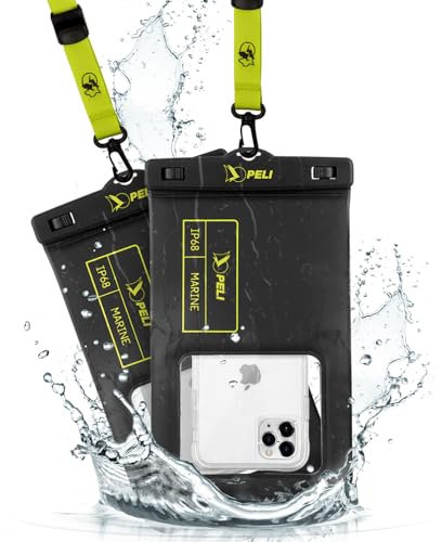 Peli Marine, custodia impermeabile IP68 (misura XL) per iPhone 16 Pro Max/iPhone 15 Pro/14 Pro/13/12/S25, con cordino rimovibile, nero/giallo ad alta visibilità, confezione da 2
