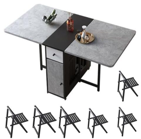 Juego de mesa de comedor plegable de 6 pies con mesas de comedor extensibles y 6 sillas plegables, muebles multifuncionales de cocina y oficina