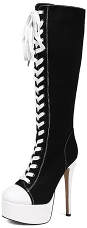 Feinlina Damen Fashion Round Toe Canvas Schuhe Schnürschuh Plateau Stiletto Kniehohe Stiefel High Heel Herbst Stiefel