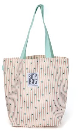 Ponette - Bolsa de Playa Individual Cruda con Rayas Coral y Estampado de Estrellas Verdes, Asas Turquesas, Forro, Bolsillo, Playa, Piscina, Tote, Marca Española