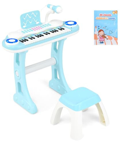 COSTWAY 37-Key Kids Electronic Keyboard with Stool, Microphone, Flashing Lights, Record & Playback, Musical Instrument Toy Piano for Boys Girls (Blue)