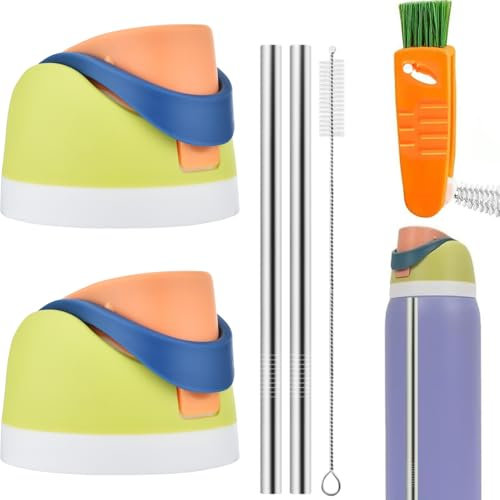 Haundry 2 Pack Replacement Lid for Owala Freesip, One Button Water Bottle Caps with Stainless Steel Straws and Brushes for Owala Cup 16oz 24oz 32oz 40oz, No Leakage Replacement Accessory for Owala