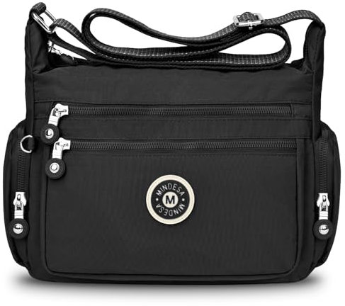 JUYANO Umhängetasche Damen Groß Wasserdicht Crossbody Bag, Nylon Mittelgroß Handtaschen Damen Leichte Tasche mit Vielen Fächern Verstellbarer Breiter Gurt für Ausgehen Reisen Arbeit(Schwarz)