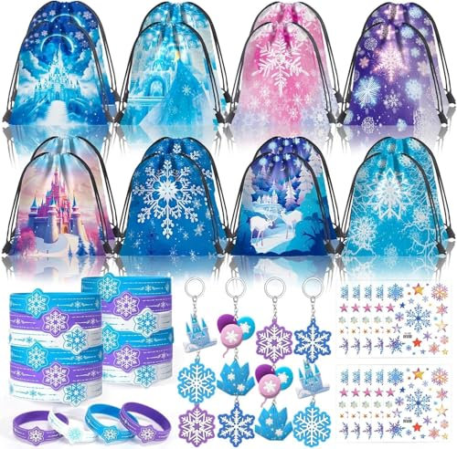 Frozen Set di Accessori per Festa Principessa Borse con Coulisse Braccialetti in Silicone a Fiocco di Neve Portachiavi Adesivi per Tatuaggi Perfetto per Compleanni Party di Principesse