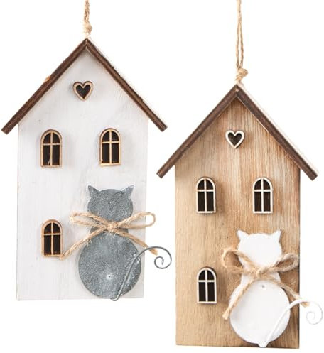Logbuch-Verlag 2 Deko Häuser mit Katze Natur grau weiß Holz Geschenkanhänger Hängedekoration Frühling Katzendeko zum Aufhängen 8 x 14 cm
