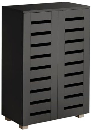 Home Source 2 Door Wooden Shoe Storage Cabinet Rack Stand, Slatted Cupboard, Black