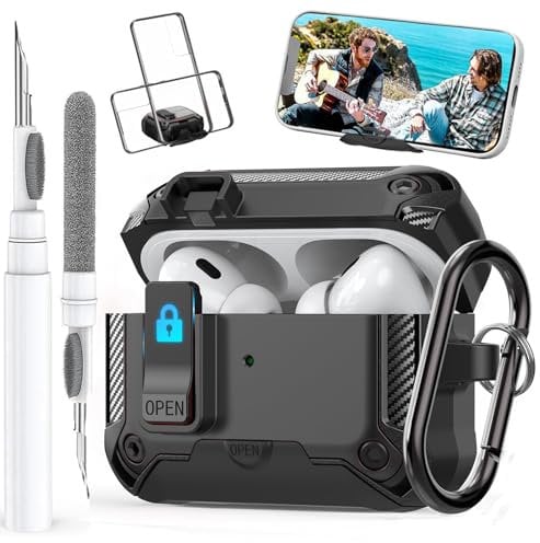 Compatible with Airpods Pro 2/1 Gen Case Cover Lock Clip with Phone Stand (2019/2022/2023), Rugged Case for Airpod Pro 2nd/1st Generation Shockproof Protective Skin for Apple iPod Pro, Black