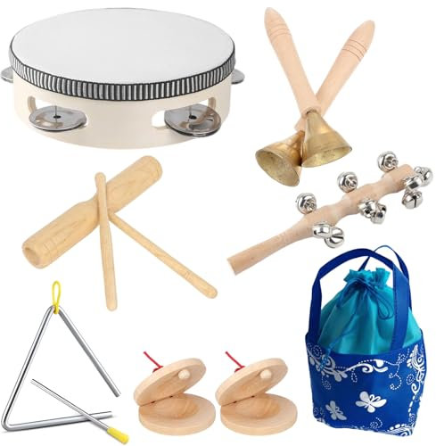 Kids Wooden Musical Instruments with storage bag 5 piece,Montessori Musical Toys for Toddlers 1-3, Wooden Percussion Instruments Set, Neutral Colours Music Toys