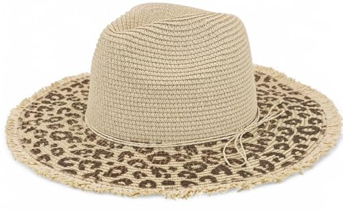 styleBREAKER Damen Sonnenhut aus Papierstroh mit Leopardenmuster an der Krempe | Sommerhut mit Fransenrand | Einheitsgröße verstellbar