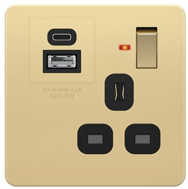 LIDER 1-Gang 13A UK Socket with 20W USB, Total 5V/4.2A (20W) Output | Gold, Use 35mm-Deep Back Box, Screwless Faceplate, Glossy, Charging, LED Power Indicator For Live Status