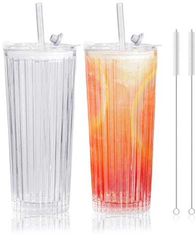 18 Oz Ice Coffee Cups Set of 2 Clear Glass Cups with Lid and Glass Straw for Iced Coffee, Tea, Water, Juice, Coffee, Durable Dishwasher Safe