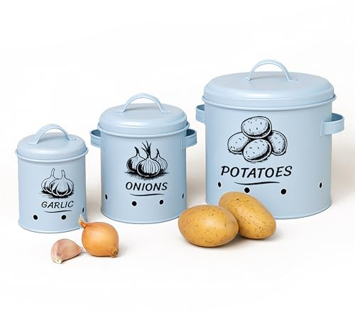 Relaxdays Kartoffel Aufbewahrungsbox, Zwiebeln, Knoblauch, 3er Set, mit Deckel & Löchern, Metall, Zwiebeltopf, hellblau