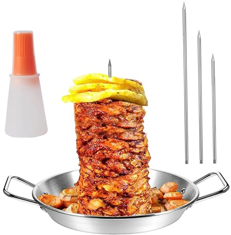 Piatto di kebab e spiedini, 10 spiedini verticali in acciaio inossidabile con picchi rimovibili a 3 dimensioni e spazzola per bottiglia per olio per bistecca di salsiccia di pesce di pollo intero.