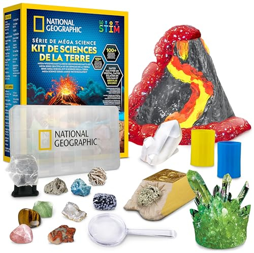 NATIONAL GEOGRAPHIC Mega Science Series – Earth Science Kit con más de 100 experimentos para niños, cultivo de cristales, volcán, colección de rocas, juguete educativo STEM