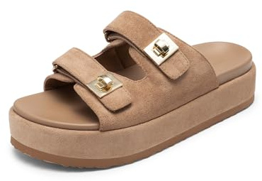 DREAM PAIRS Platform Sandals Women Raffia Espadrilles Summer Comfortable Wedge Sandals Beach Vacation Adjustable Buckle Cute Slide Sandals,Size 4.5,Brown,SDWS26010W