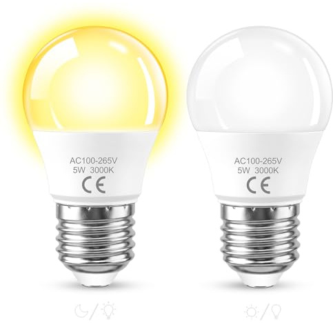 SCNNC G45 E27 LED Lampe mit Dämmerungssensor Außen 5W Warmweiß 3000K, Automatische Ein/Aus Lichtsensor, LED Lampe mit Tageslichtsensor E27 für Korridor Veranda Garten, 2 Stück