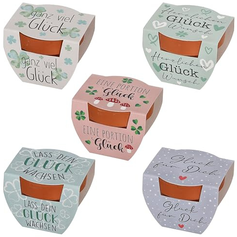 Anzuchtset Glücksklee 5er Set | Tontöpfchen Kokosquellpad Samen | Kleeblatt verschiedene Motive | Glücksbringer Kleeblatt