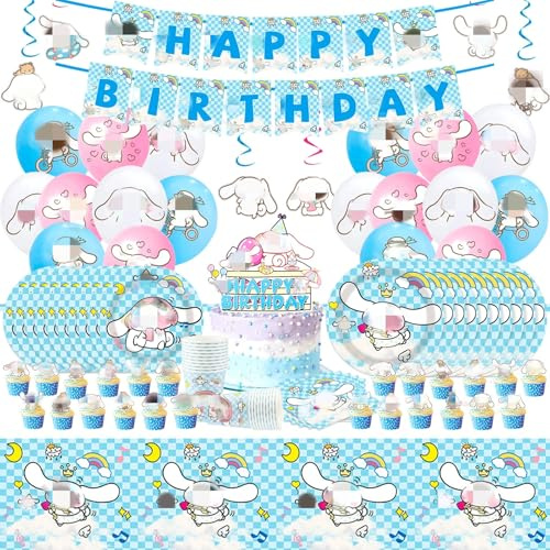 96Pcs Birthday Decoration, Kawaii Party Tableware Set, Party Supplies Happy Birthday Banner Plates Cups Napkins Tablecloth Balloons Cake Toppers for Kids