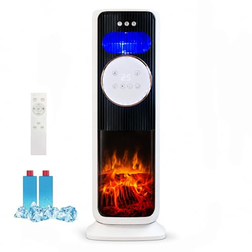 Raffrescatore d’Aria con 5 Modalità Caldo e Freddo, Condizionatore Portatile Senza Tubo con Effetto Fiamma e Oscillazione 180°, Raffrescatore Evaporativo per Casa Ufficio Camera Salotto (Nero)