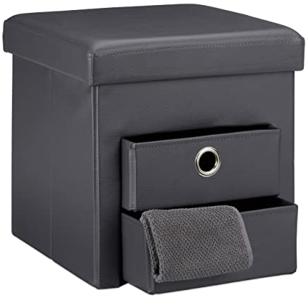 Relaxdays Folding Storage Ottoman with 2 Pull-Out Compartments Drawers, Footstool Total Size: 38 x 38 x 38 cm Faux Leather Seat Pouffe with Foldable Storage Space with Removable Box Stool, Grey