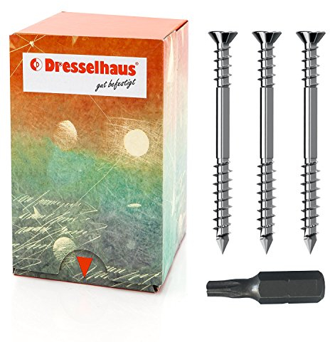 Panorama24 Terrassenschrauben 5,0 x 50 - 200 Stück TX25 JD-Plus Schrauben Edelstahl V2A 5x40mm incl. Bit Torx 25 DRESSELHAUS Fräsrippen Terassenbau Rostfrei