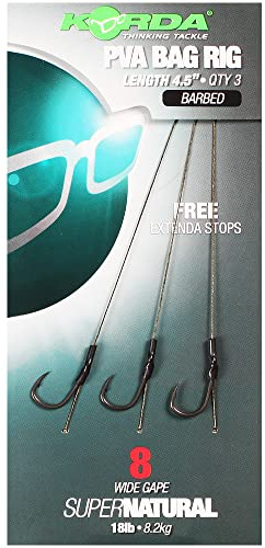 Korda Solidz PVA Rig, Vorgebundenes Karpfenvorfach mit Wide Gape Karpfenhaken, Weiches Supernatural Geflecht, inklusive Extenda Stops, geeignet für PVA Bags
