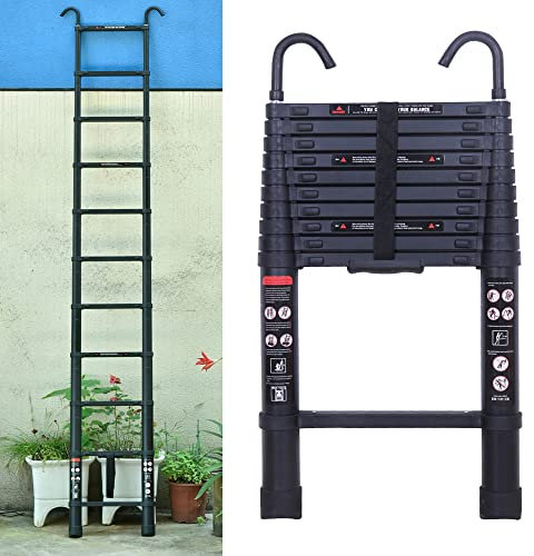 10.5ft / 3.2m Telescopic Attic Loft Ladder Aluminum with Roof Hook Kit Multi-purpose Ladder Folding Space-Saving with EN 131, Max Load Capacity 150kg, 11 Steps