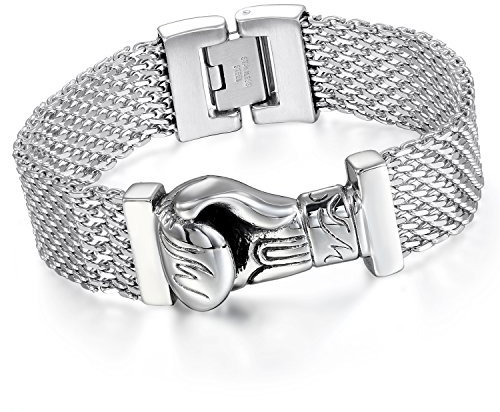 Cupimatch Herren Edelstahl Biker Mesh Armband, 19mm Breite Gotik Handschuh Anhänger Armketten Fahrradkette Motorradkette Hochglanz Poliert Rock Armreif, silber