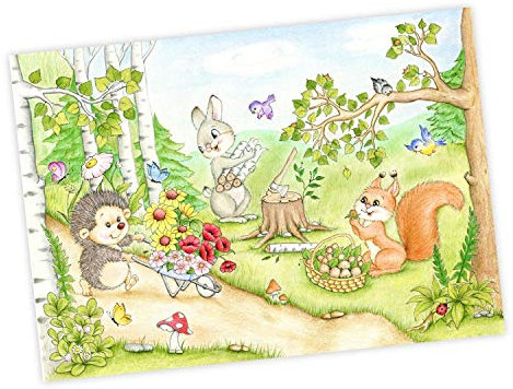 nikima Schönes für Kinder 065 Waldtiere Zeichnung - Poster für Kinderzimmer, Babyzimmer - Igel Eichhörnchen Hase (ohne Rahmen) - DIN A3-420 x 297 mm
