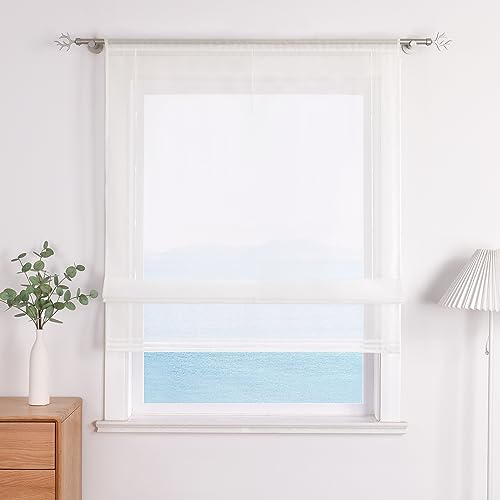 ESLIR Raffrollo Küche Raffgardine mit Tunnelzug Bändchenrollo Weiß Voile Gardinen Transparent Milchweiß BxH 60x155cm 1 Stück