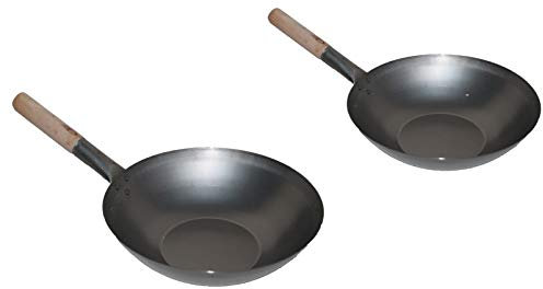 AAF Nommel ®, Wok Set bestehend aus 2 Wok, 30 + 35 cm Ø flacher Boden Carbon Stahl für Gasherd, Gaskocher, Elektro, Induktion und Ceran geeignet